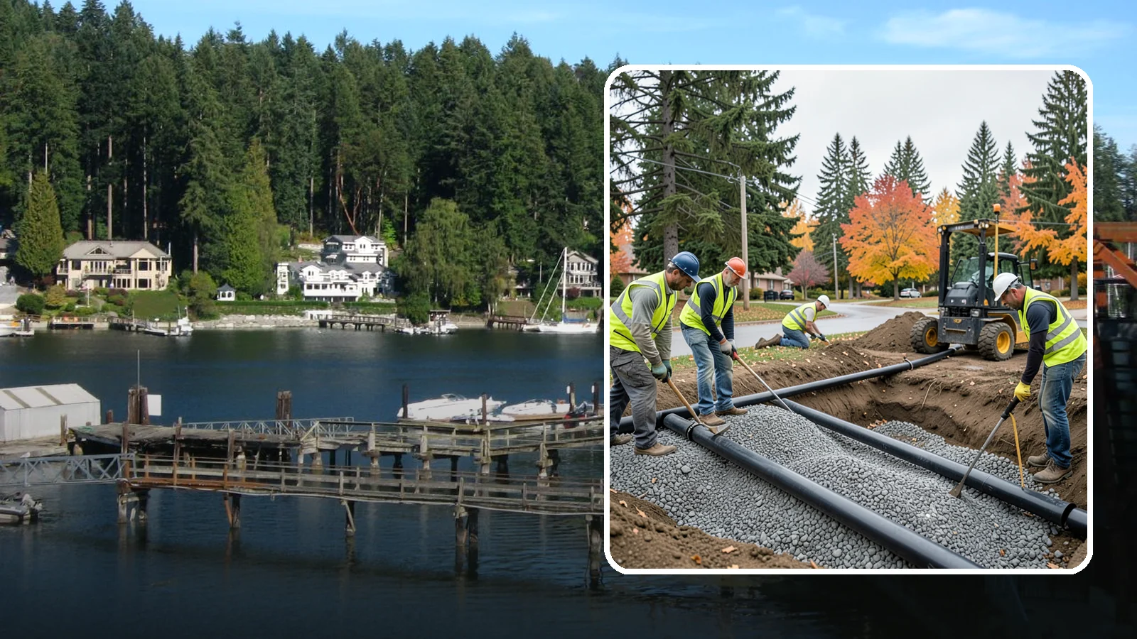 French Drain Installation in Gig Harbor, Pierce County, WA - French drain installation that intercepts and redirects subsurface water away from municipal infrastructure and problem areas.