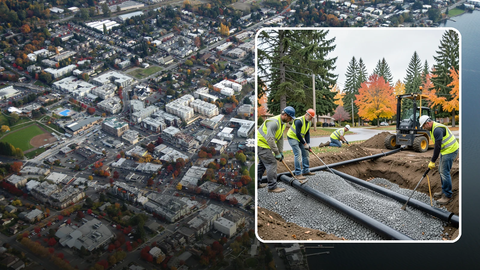 French Drain Installation in Kirkland, King County, WA - French drain installation that intercepts and redirects subsurface water away from municipal infrastructure and problem areas.