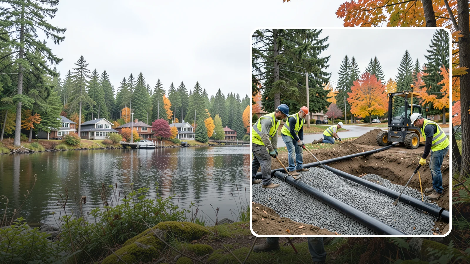 French Drain Installation in La Conner, Skagit County, WA - French drain installation that intercepts and redirects subsurface water away from municipal infrastructure and problem areas.