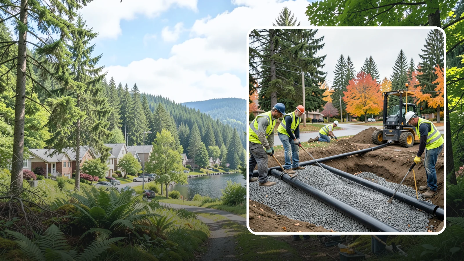 French Drain Installation in Lake Forest Park, King County, WA - French drain installation that intercepts and redirects subsurface water away from municipal infrastructure and problem areas.
