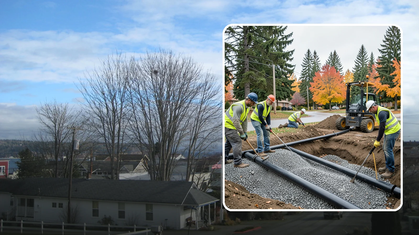 French Drain Installation in Langley, Island County, WA - French drain installation that intercepts and redirects subsurface water away from municipal infrastructure and problem areas.