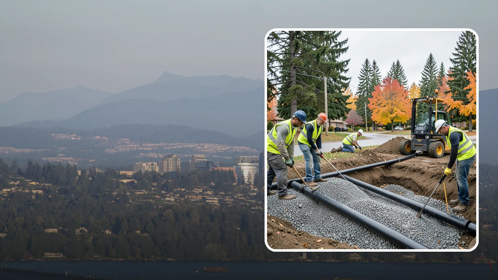 French Drain Installation in Medina, King County, WA - French drain installation that intercepts and redirects subsurface water away from municipal infrastructure and problem areas.