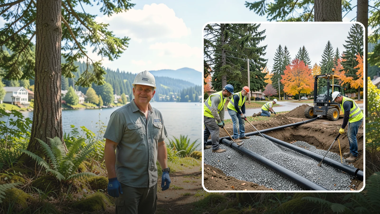 French Drain Installation in Milton, King County, WA - French drain installation that intercepts and redirects subsurface water away from municipal infrastructure and problem areas.