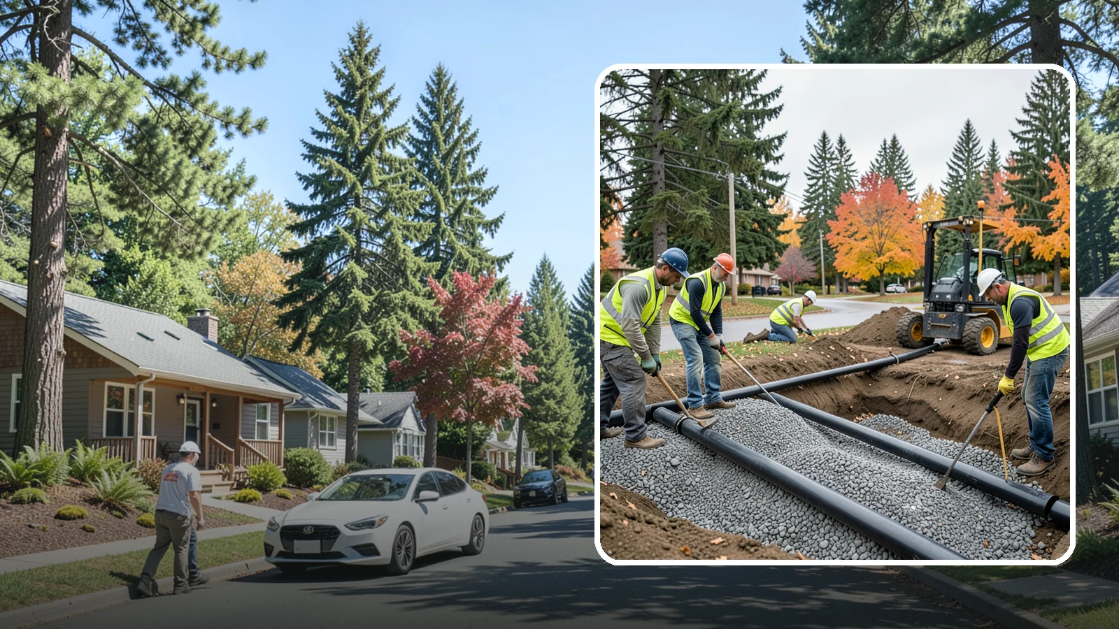 French Drain Installation in Orting, Pierce County, WA - French drain installation that intercepts and redirects subsurface water away from municipal infrastructure and problem areas.