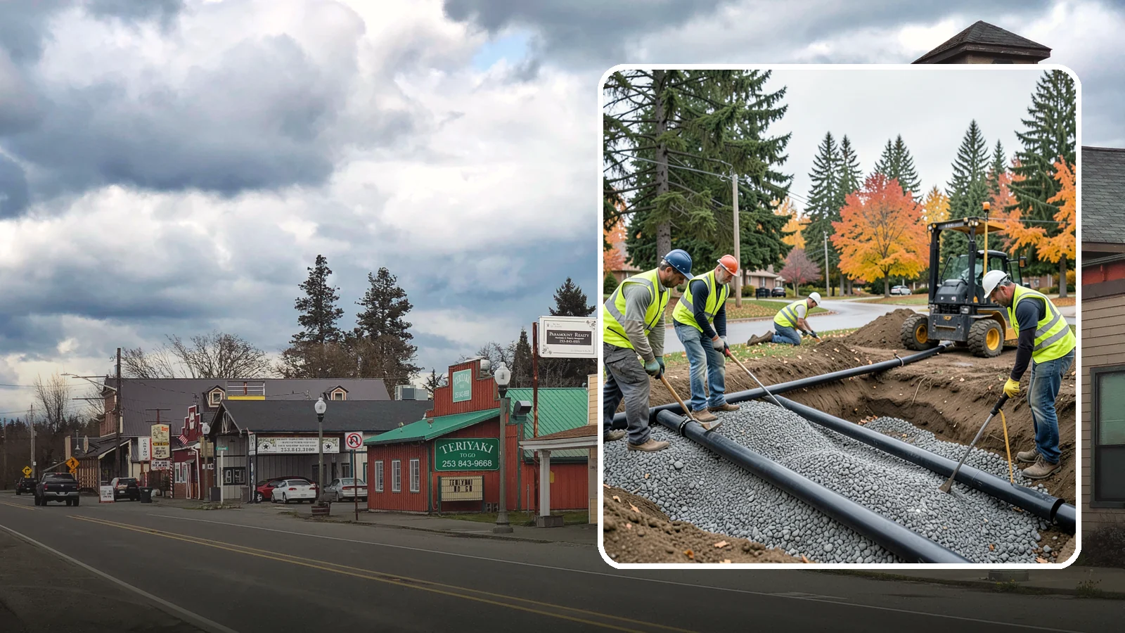 French Drain Installation in Roy, Pierce County, WA - French drain installation that intercepts and redirects subsurface water away from municipal infrastructure and problem areas.