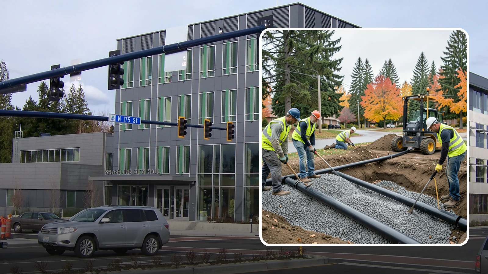French Drain Installation in Shoreline, King County, WA - French drain installation that intercepts and redirects subsurface water away from municipal infrastructure and problem areas.