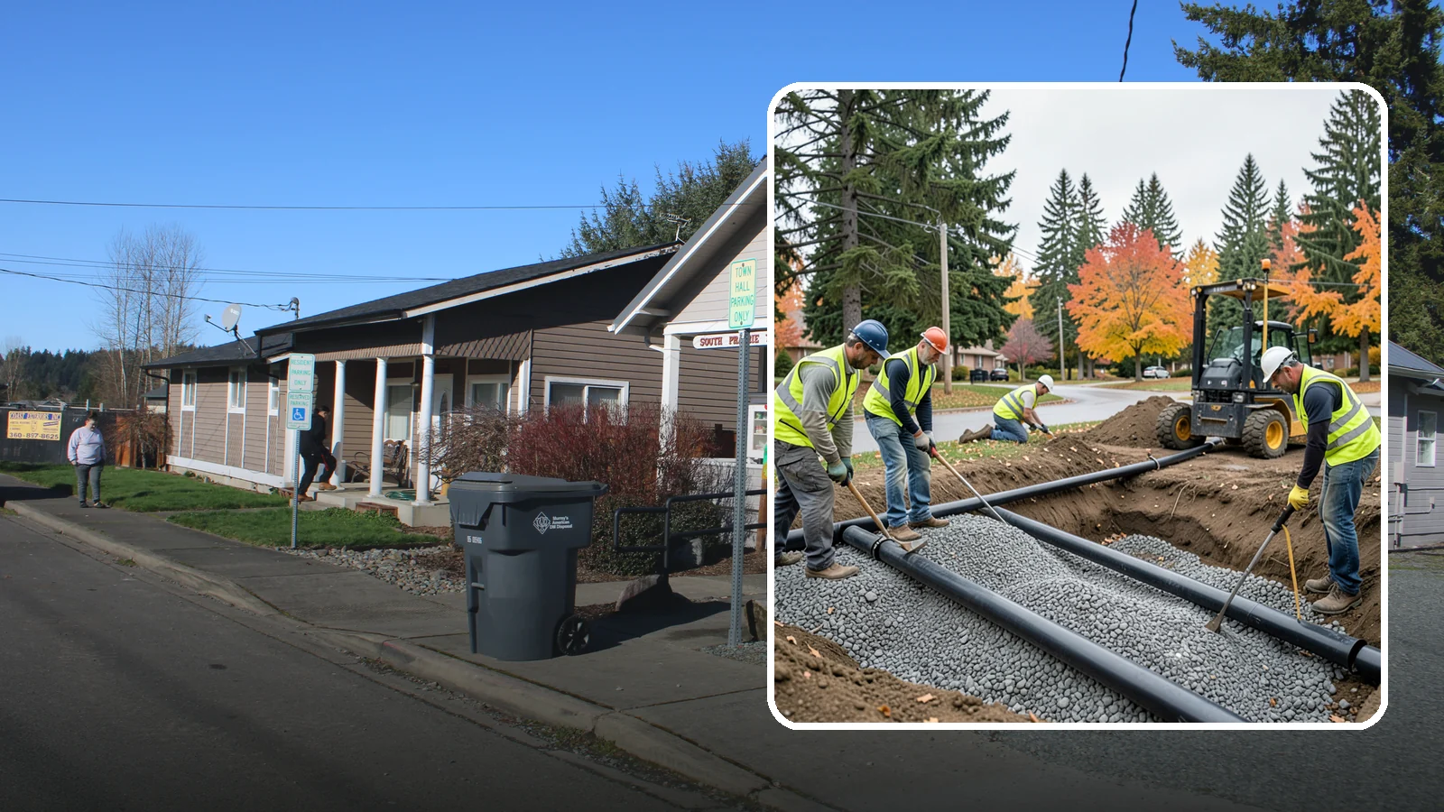 French Drain Installation in South Prairie, Pierce County, WA - French drain installation that intercepts and redirects subsurface water away from municipal infrastructure and problem areas.