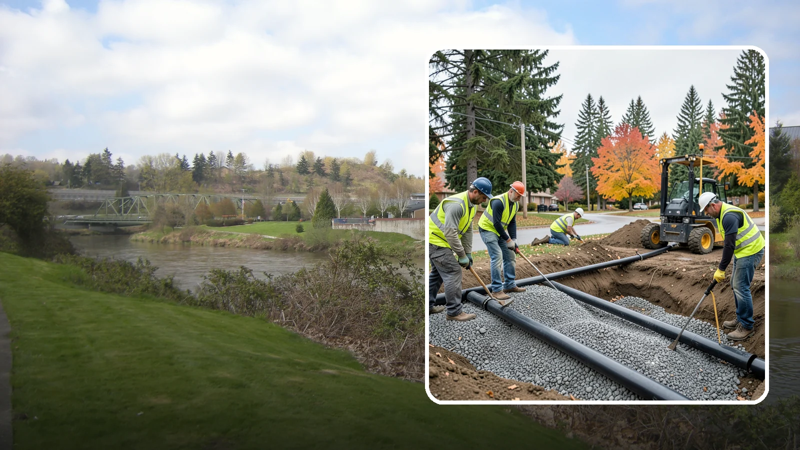 French Drain Installation in Tukwila, King County, WA - French drain installation that intercepts and redirects subsurface water away from municipal infrastructure and problem areas.