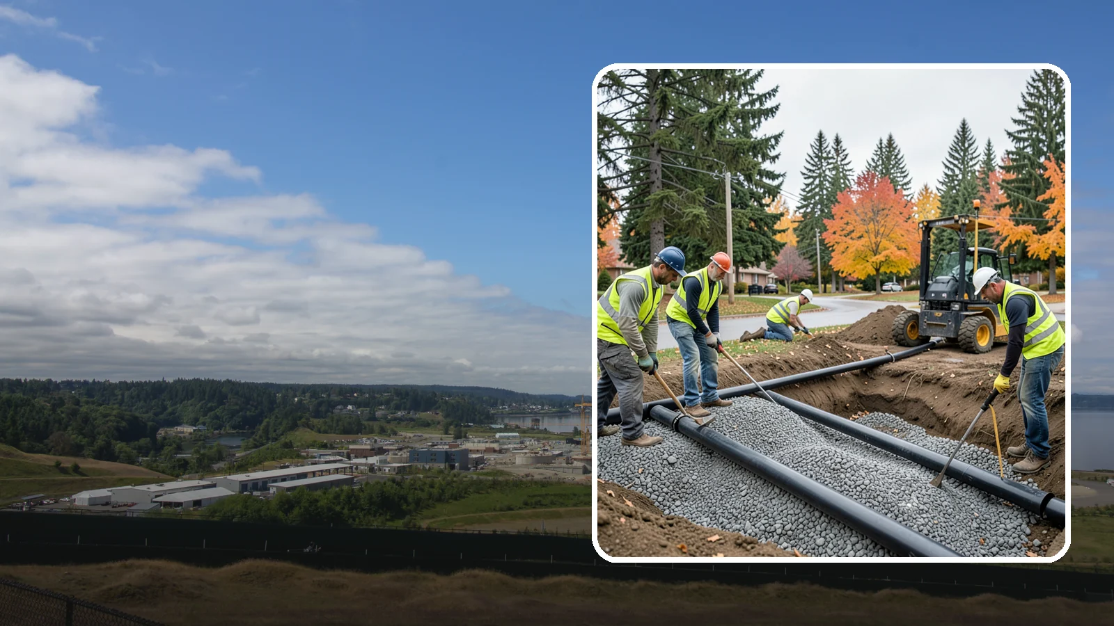 French Drain Installation in University Place, Pierce County, WA - French drain installation that intercepts and redirects subsurface water away from municipal infrastructure and problem areas.