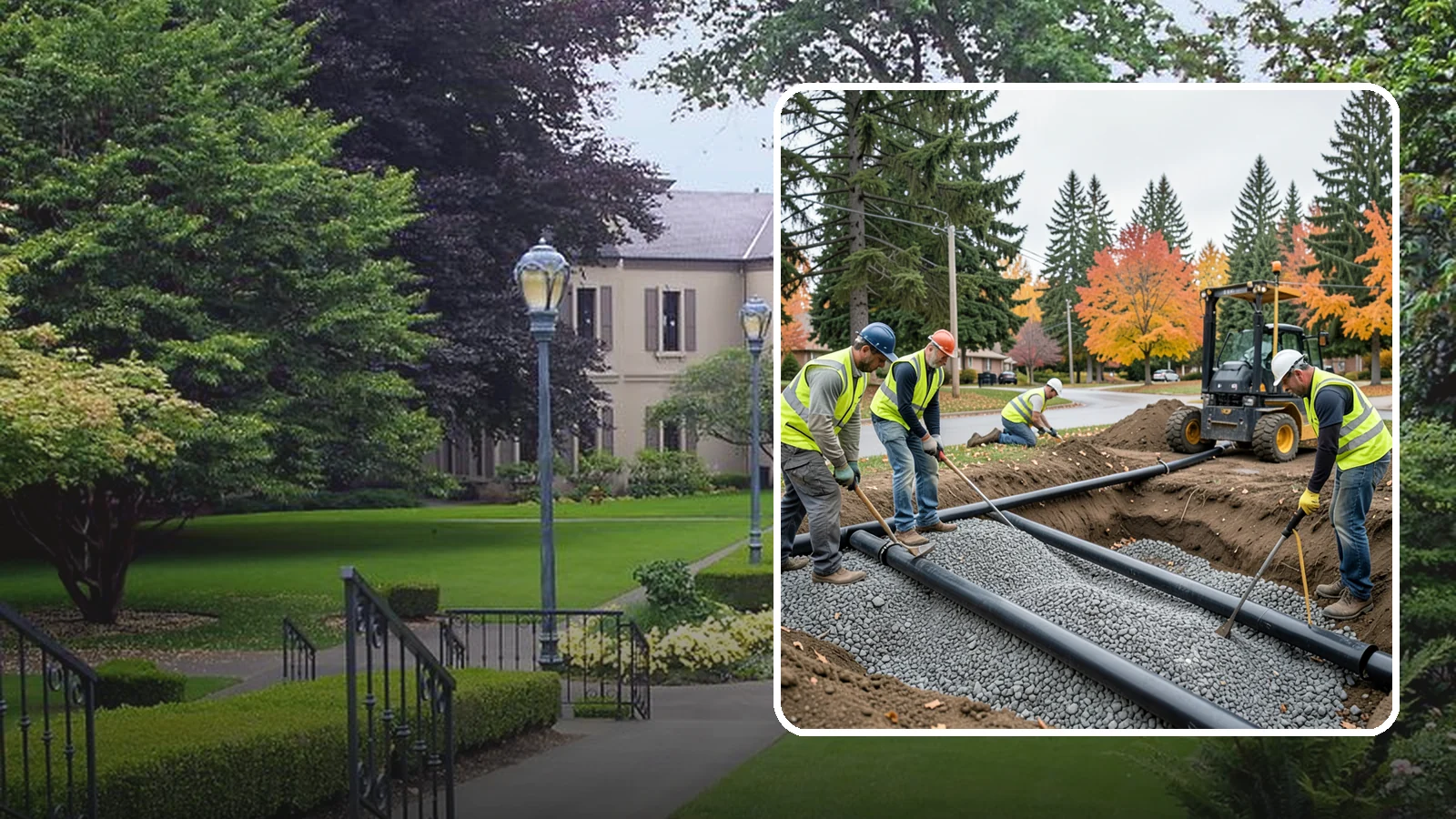 French Drain Installation in Woodinville, King County, WA - French drain installation that intercepts and redirects subsurface water away from municipal infrastructure and problem areas.