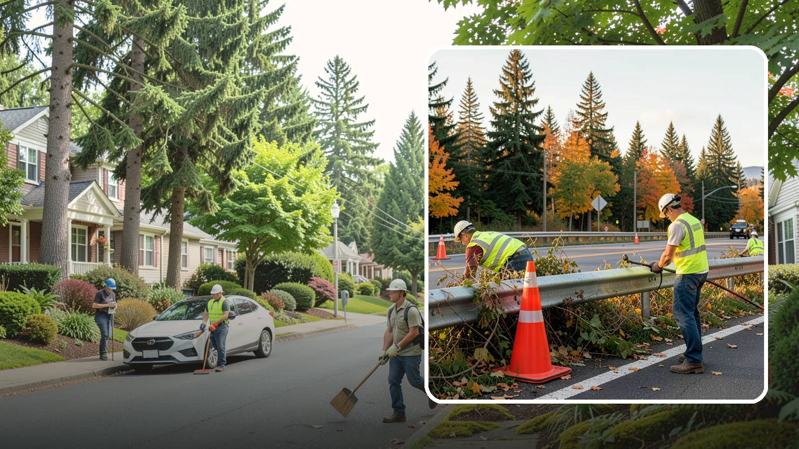 Guardrail Vegetation Clearing in Beaux Arts Village, King County, WA - Vegetation clearing behind and beneath guardrail that preserves barrier function and enables inspection access.