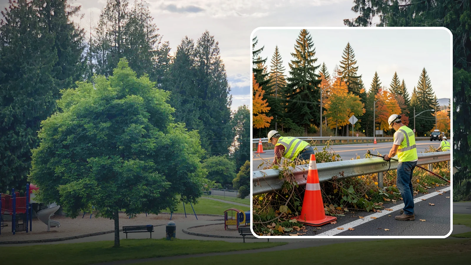 Guardrail Vegetation Clearing in Bonney Lake, Pierce County, WA - Vegetation clearing behind and beneath guardrail that preserves barrier function and enables inspection access.