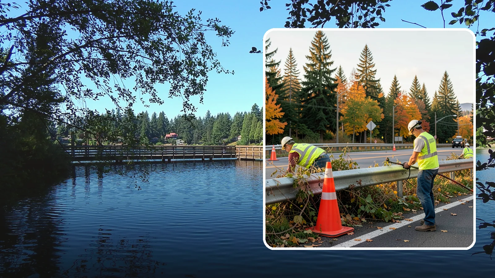 Guardrail Vegetation Clearing in Federal Way, King County, WA - Vegetation clearing behind and beneath guardrail that preserves barrier function and enables inspection access.