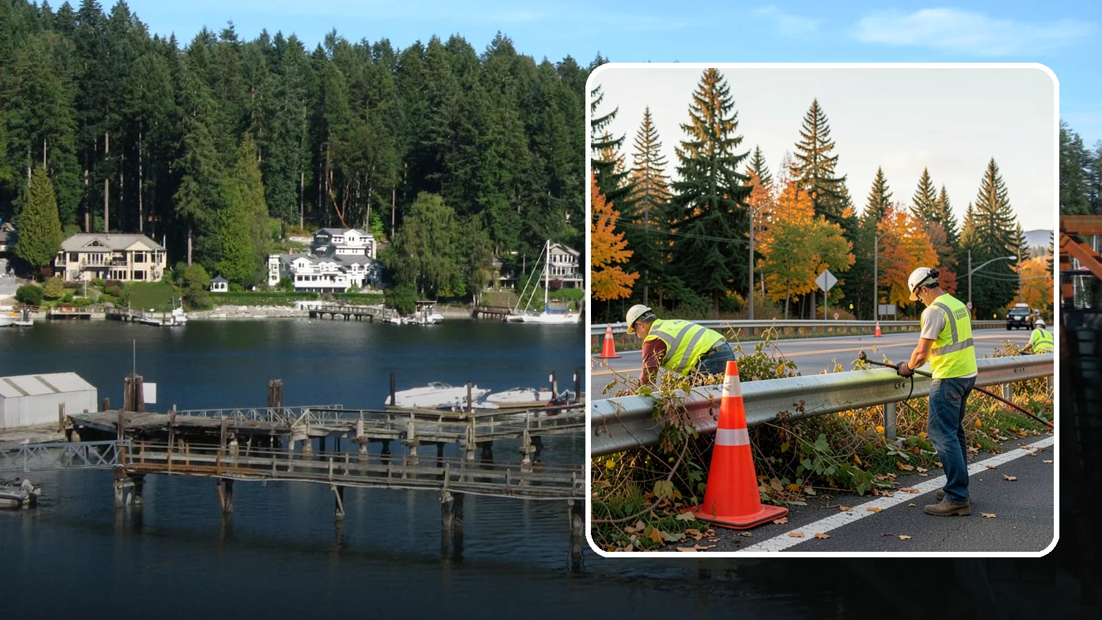Guardrail Vegetation Clearing in Gig Harbor, Pierce County, WA - Vegetation clearing behind and beneath guardrail that preserves barrier function and enables inspection access.