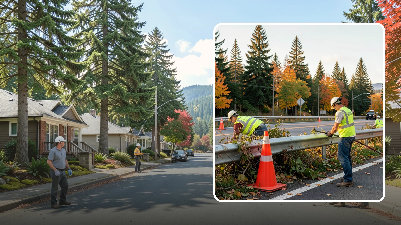 Guardrail Vegetation Clearing in Hunts Point, King County, WA - Vegetation clearing behind and beneath guardrail that preserves barrier function and enables inspection access.