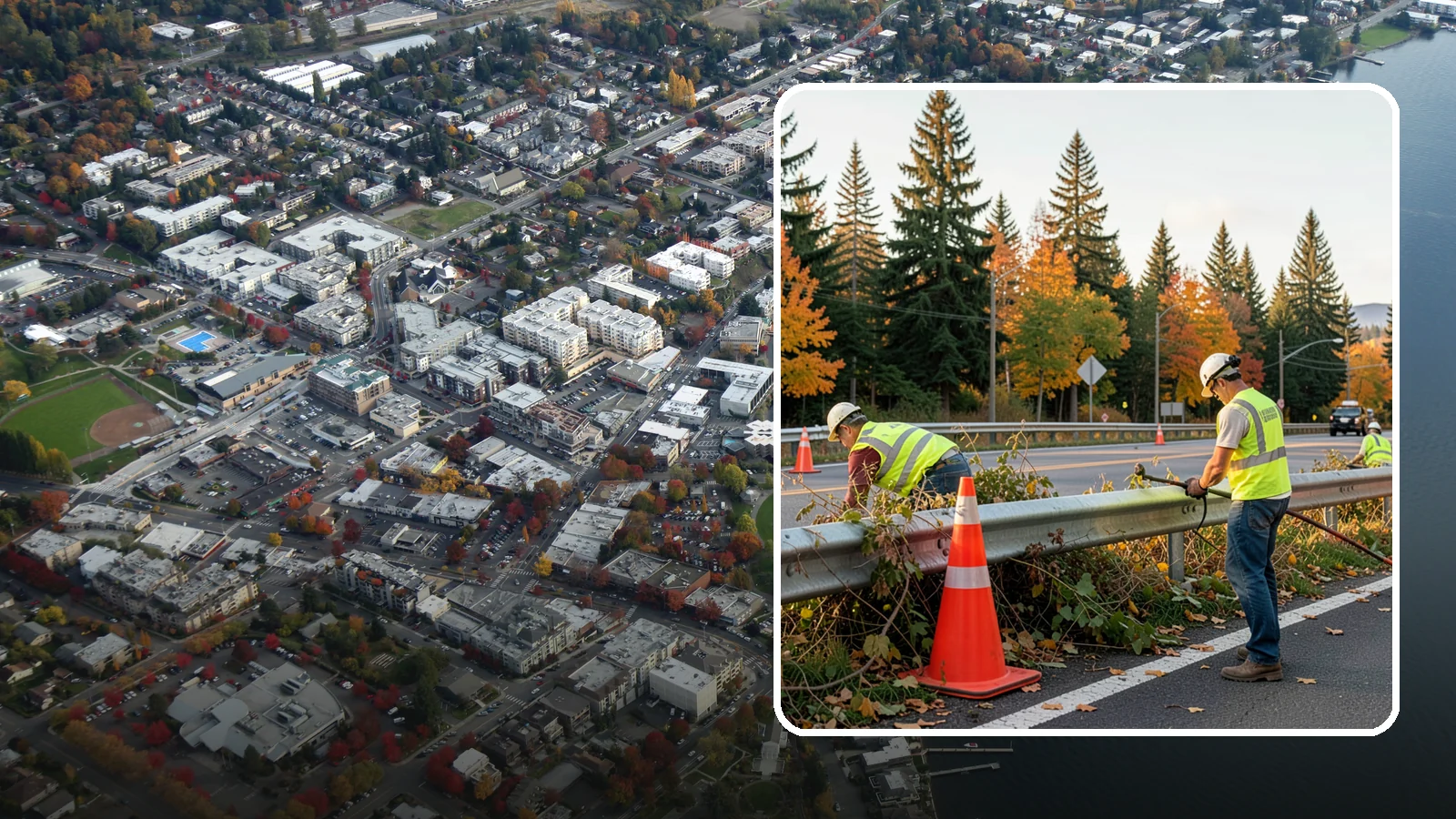 Guardrail Vegetation Clearing in Kirkland, King County, WA - Vegetation clearing behind and beneath guardrail that preserves barrier function and enables inspection access.
