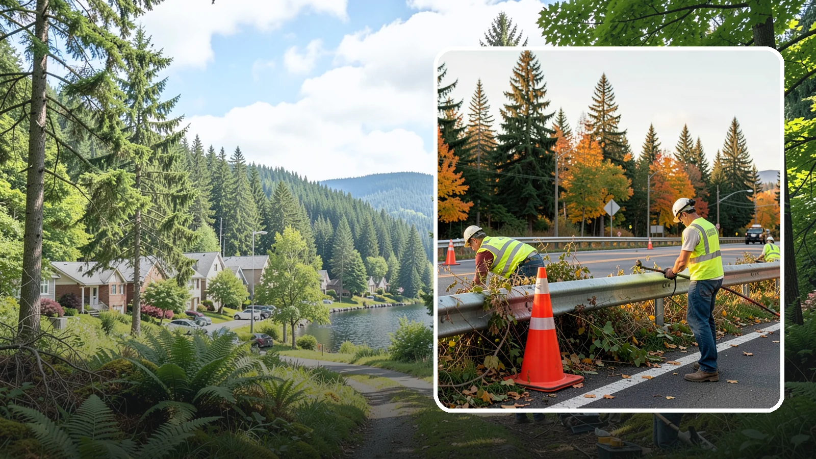 Guardrail Vegetation Clearing in Lake Forest Park, King County, WA - Vegetation clearing behind and beneath guardrail that preserves barrier function and enables inspection access.