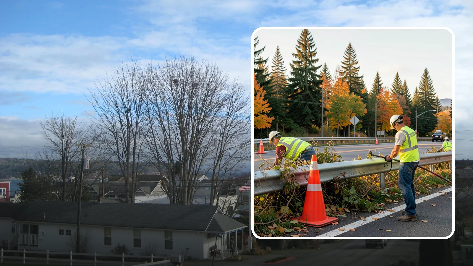 Guardrail Vegetation Clearing in Langley, Island County, WA - Vegetation clearing behind and beneath guardrail that preserves barrier function and enables inspection access.