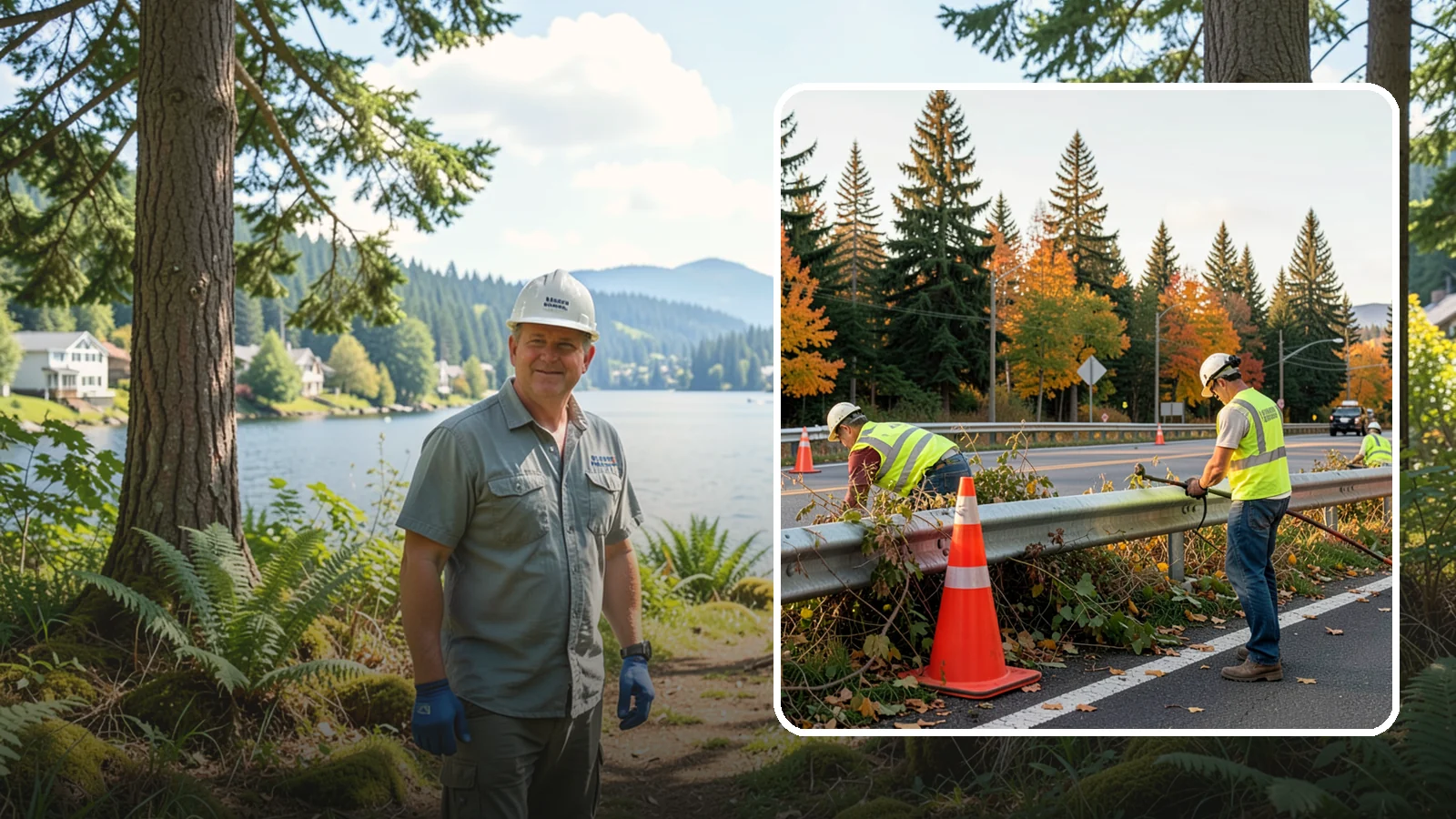 Guardrail Vegetation Clearing in Milton, King County, WA - Vegetation clearing behind and beneath guardrail that preserves barrier function and enables inspection access.