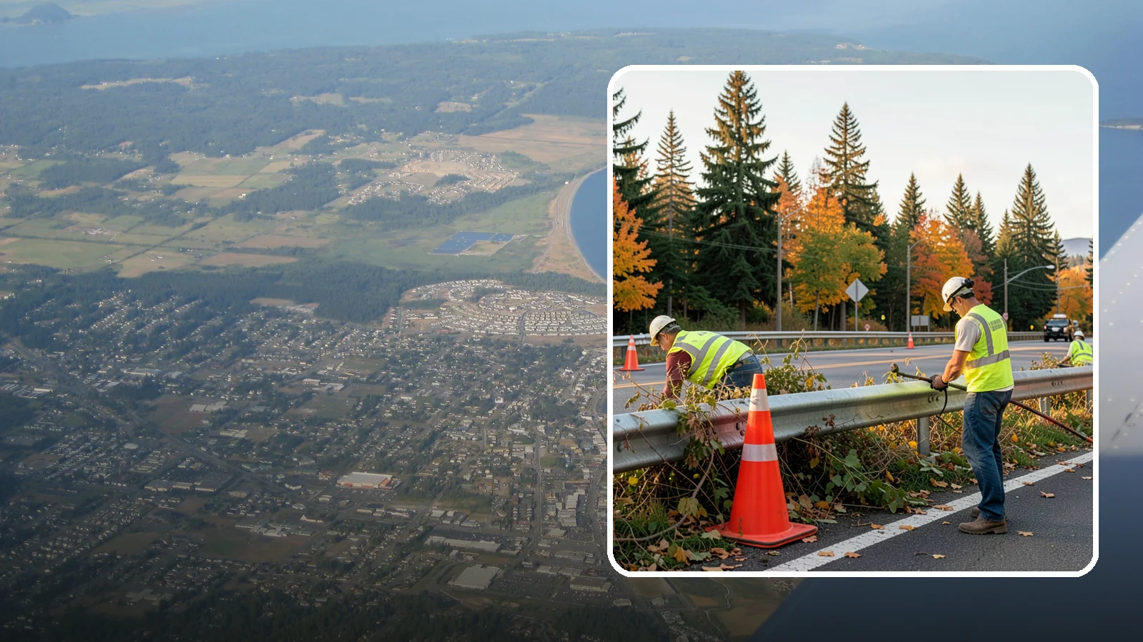 Guardrail Vegetation Clearing in Oak Harbor, Island County, WA - Vegetation clearing behind and beneath guardrail that preserves barrier function and enables inspection access.
