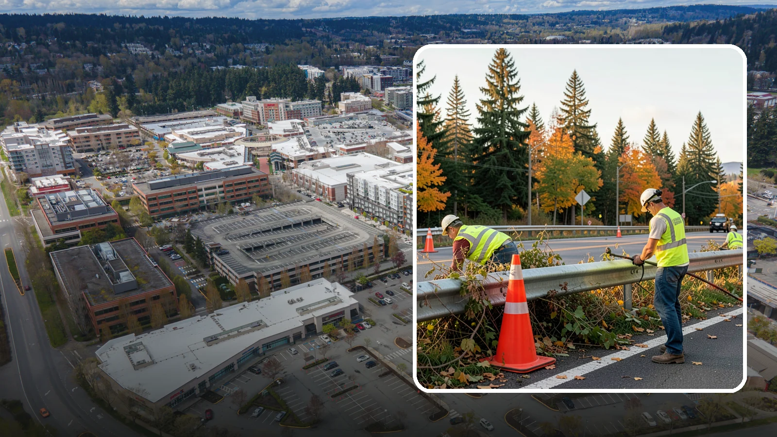 Guardrail Vegetation Clearing in Redmond, King County, WA - Vegetation clearing behind and beneath guardrail that preserves barrier function and enables inspection access.