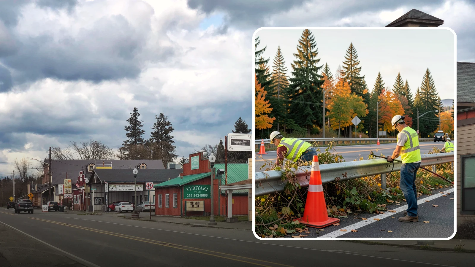 Guardrail Vegetation Clearing in Roy, Pierce County, WA - Vegetation clearing behind and beneath guardrail that preserves barrier function and enables inspection access.