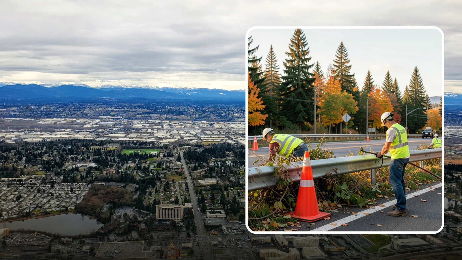 Guardrail Vegetation Clearing in SeaTac, King County, WA - Vegetation clearing behind and beneath guardrail that preserves barrier function and enables inspection access.