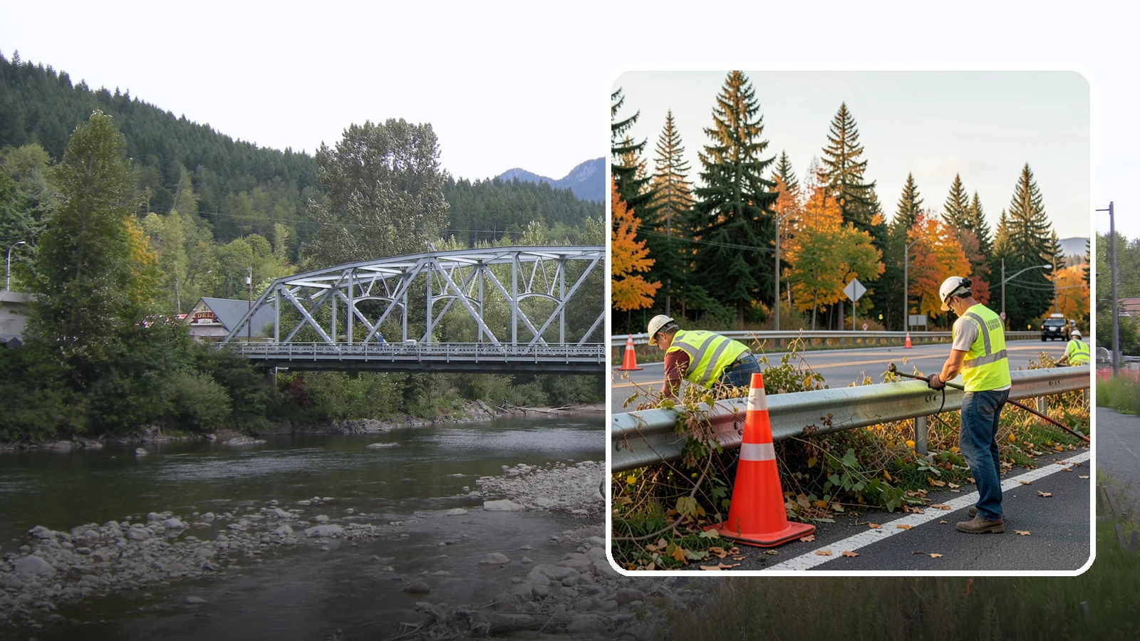 Guardrail Vegetation Clearing in Skykomish, King County, WA - Vegetation clearing behind and beneath guardrail that preserves barrier function and enables inspection access.
