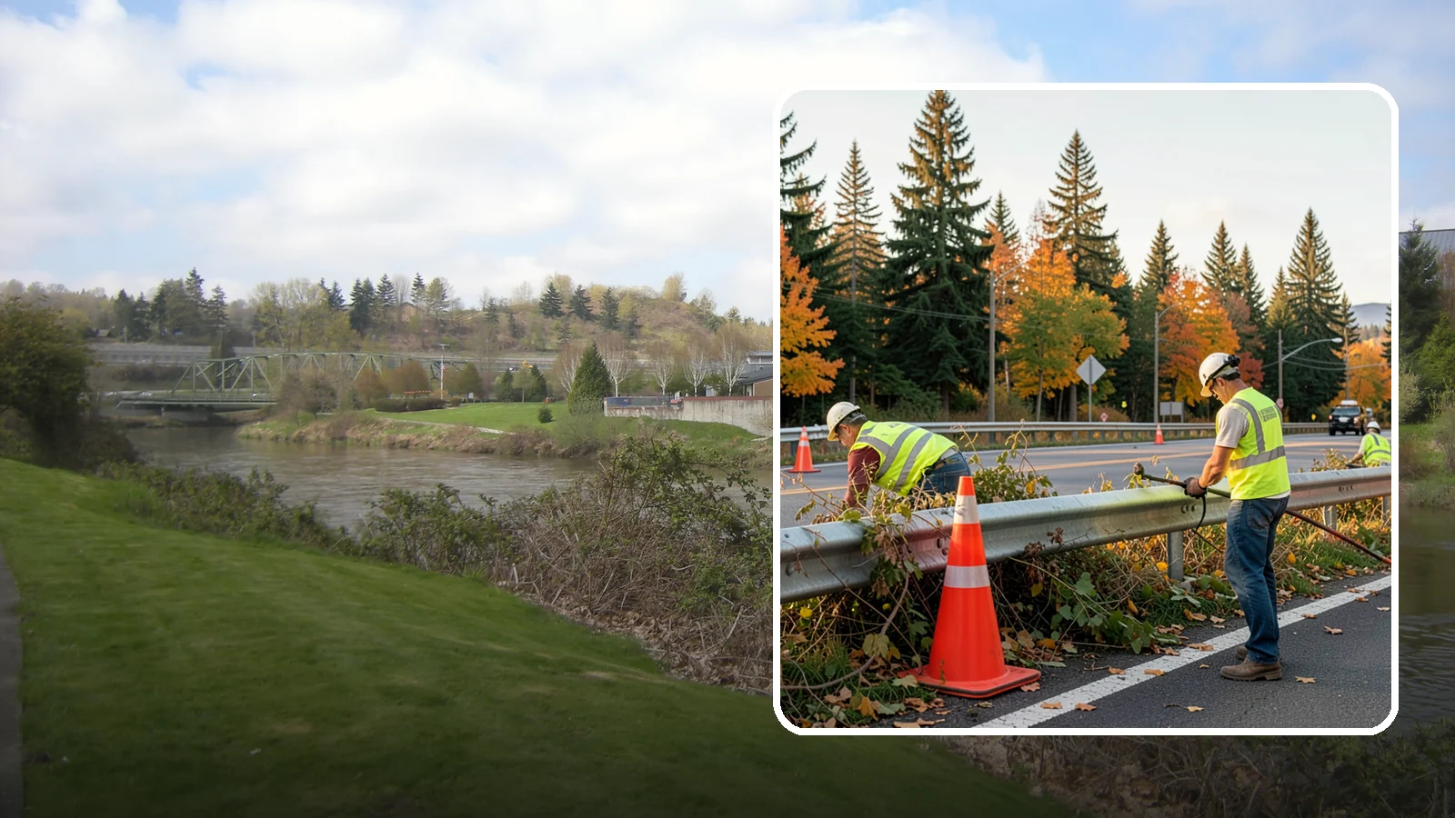 Guardrail Vegetation Clearing in Tukwila, King County, WA - Vegetation clearing behind and beneath guardrail that preserves barrier function and enables inspection access.