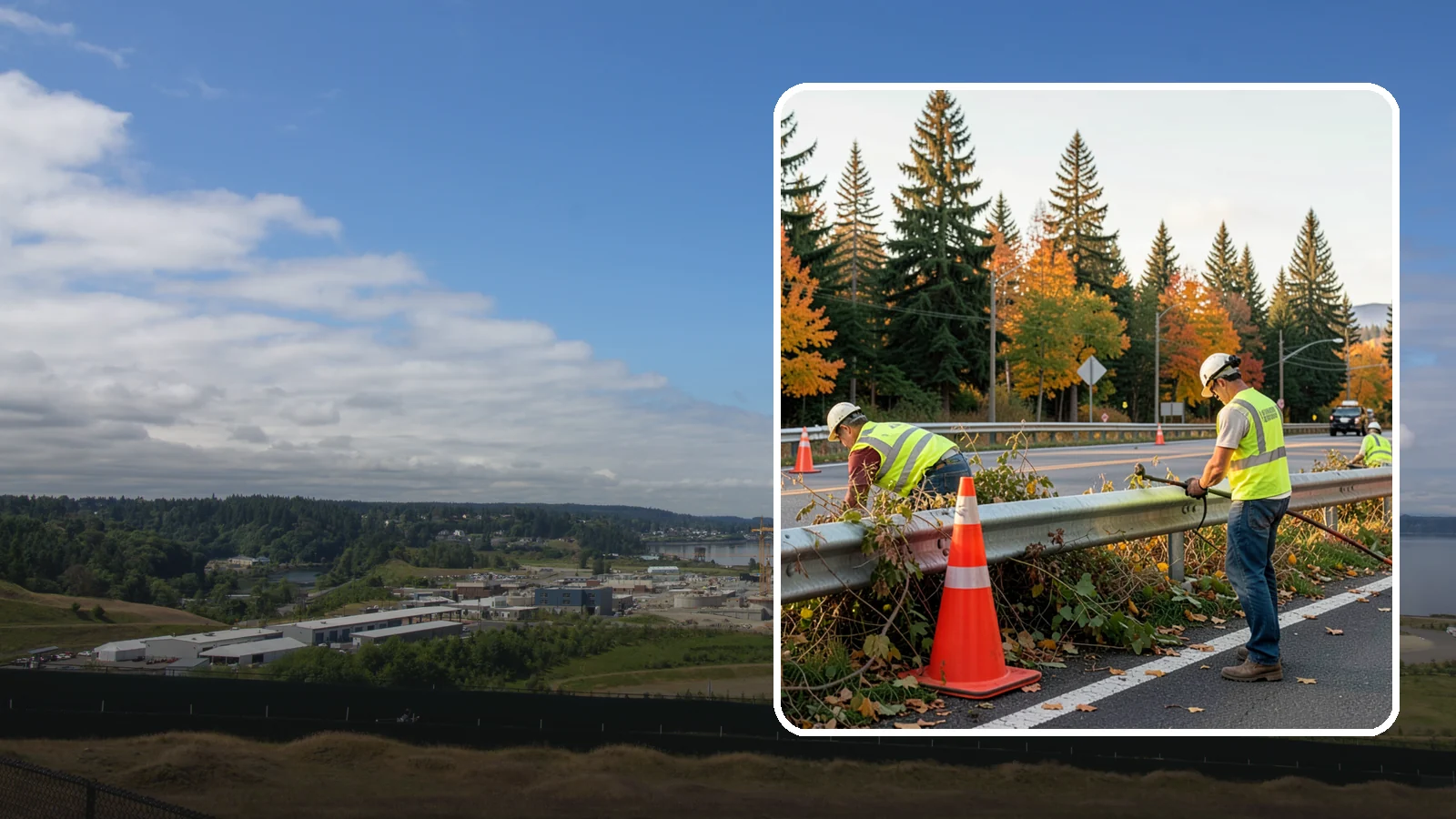 Guardrail Vegetation Clearing in University Place, Pierce County, WA - Vegetation clearing behind and beneath guardrail that preserves barrier function and enables inspection access.