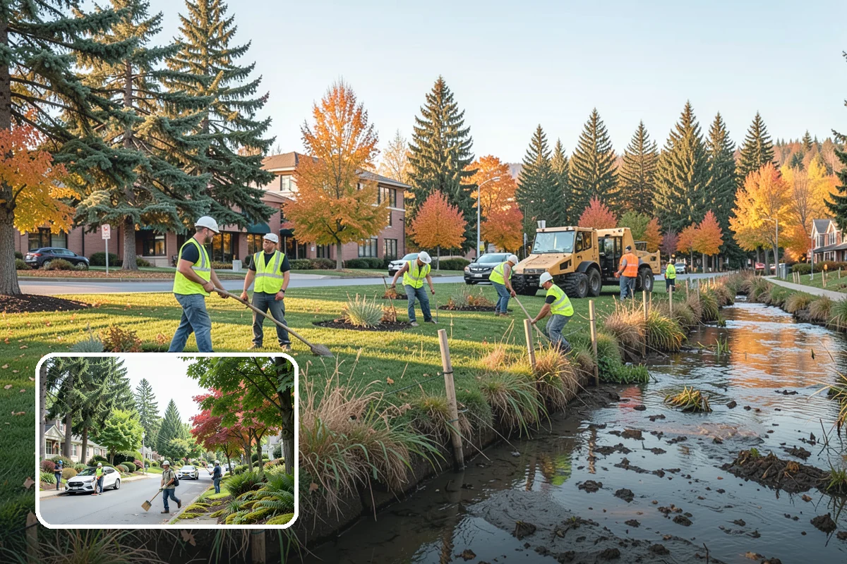Gutter Cleaning in Beaux Arts Village, King County, WA - Keeps runoff flowing to inlets and prevents intersection flooding