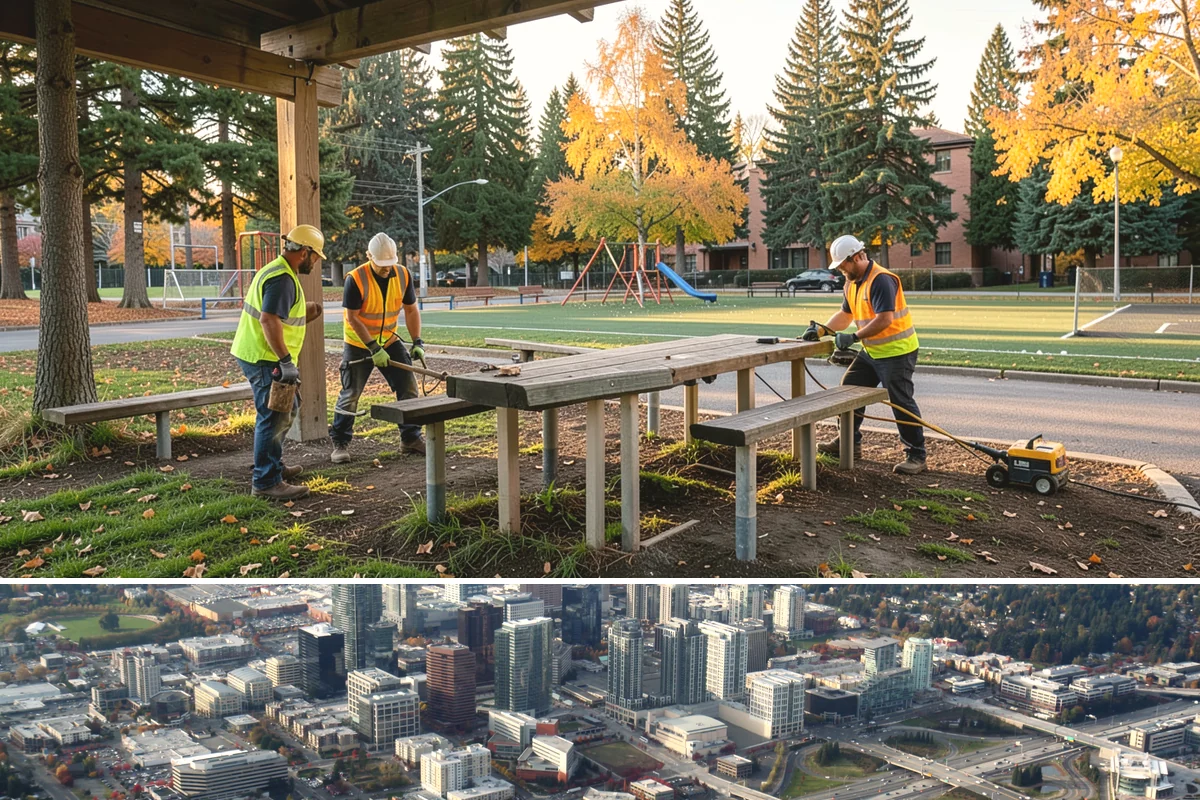 Handrail Installation in Bellevue, King County, WA - Handrail installation proceeds year-round, with anchoring into new concrete timed after adequate cure in drier months.