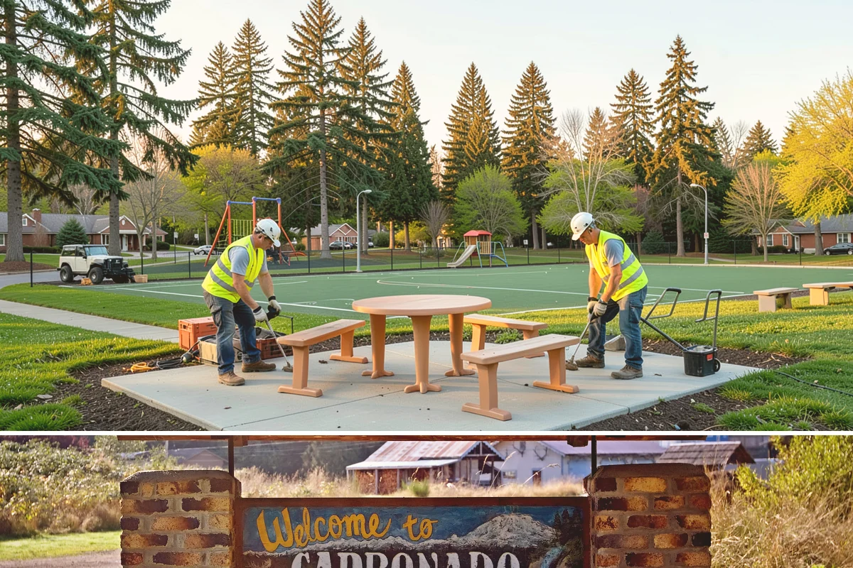 Handrail Installation in Carbonado, Pierce County, WA - Handrail installation proceeds year-round, with anchoring into new concrete timed after adequate cure in drier months.