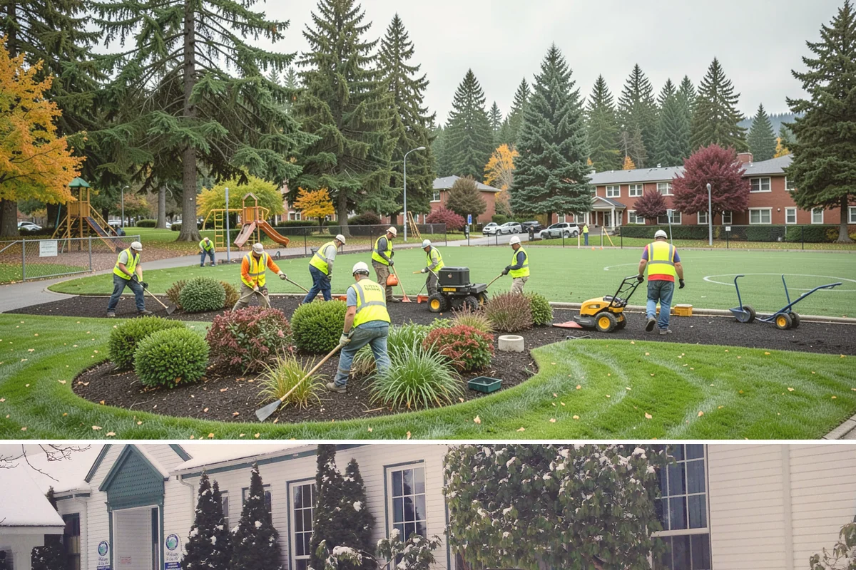 HOA Common Area Maintenance in Pacific, King County, WA - Mowing and bed detailing intensify from late spring through early fall, tapering to leaf cleanup as autumn arrives.