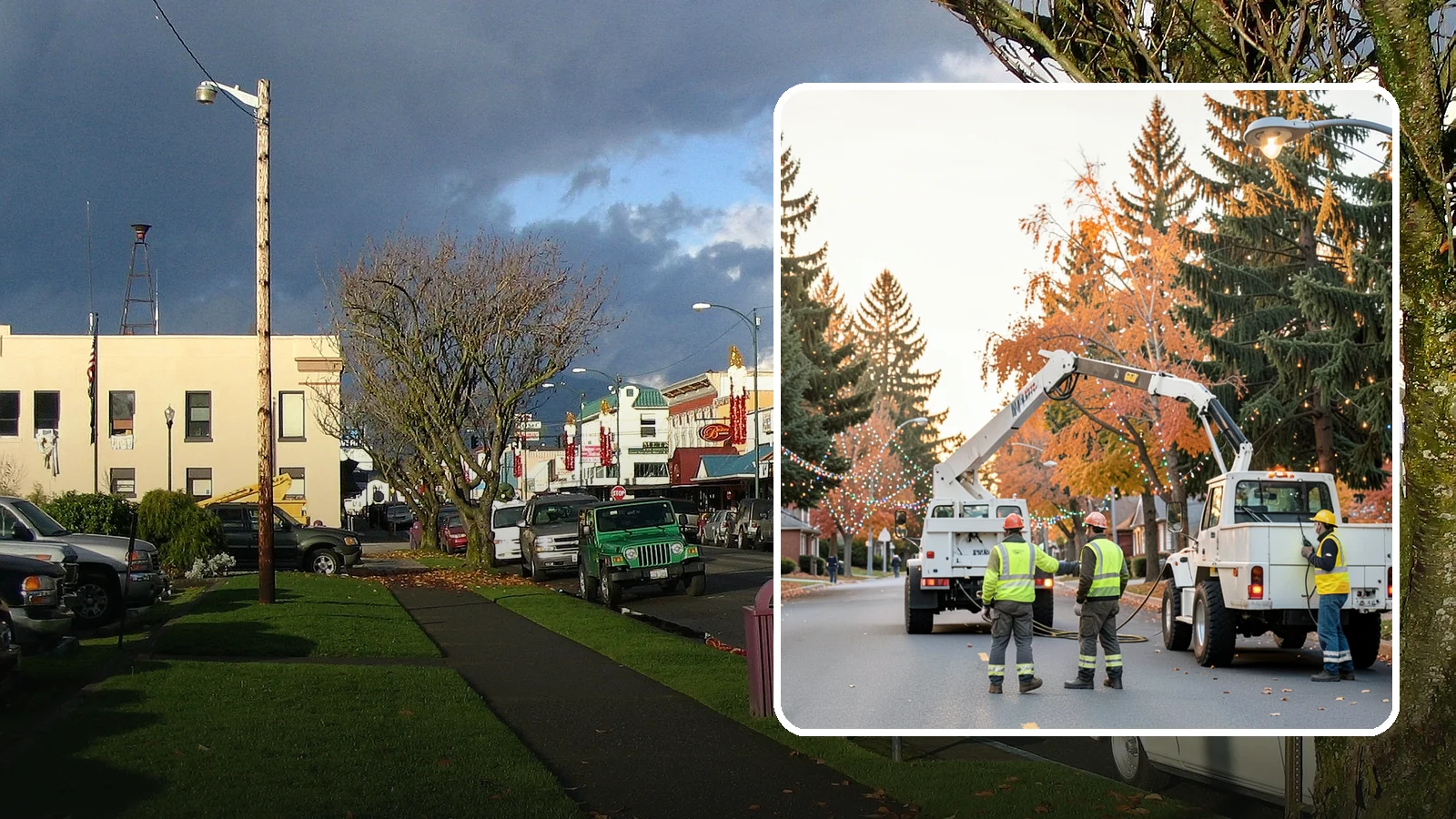 Holiday Lighting Installation in Arlington, Snohomish County, WA - Installation of civic holiday lighting displays for Western Washington downtowns, parks, and public buildings.