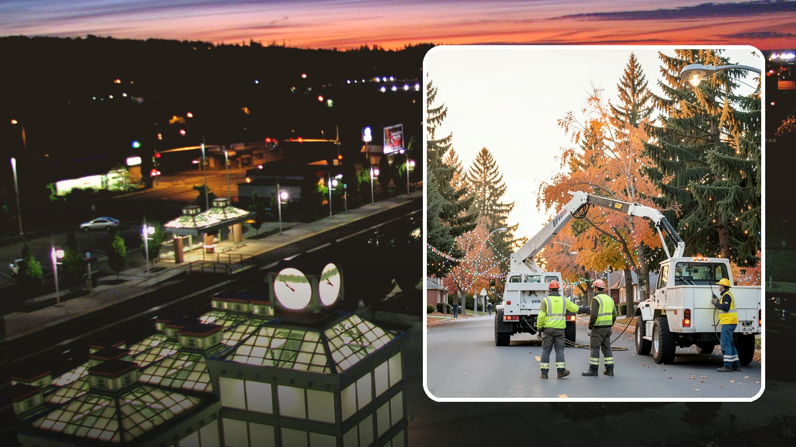 Holiday Lighting Installation in Auburn, King County, WA - Installation of civic holiday lighting displays for Western Washington downtowns, parks, and public buildings.
