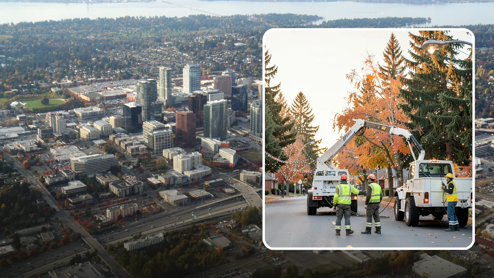 Holiday Lighting Installation in Bellevue, King County, WA - Installation of civic holiday lighting displays for Western Washington downtowns, parks, and public buildings.