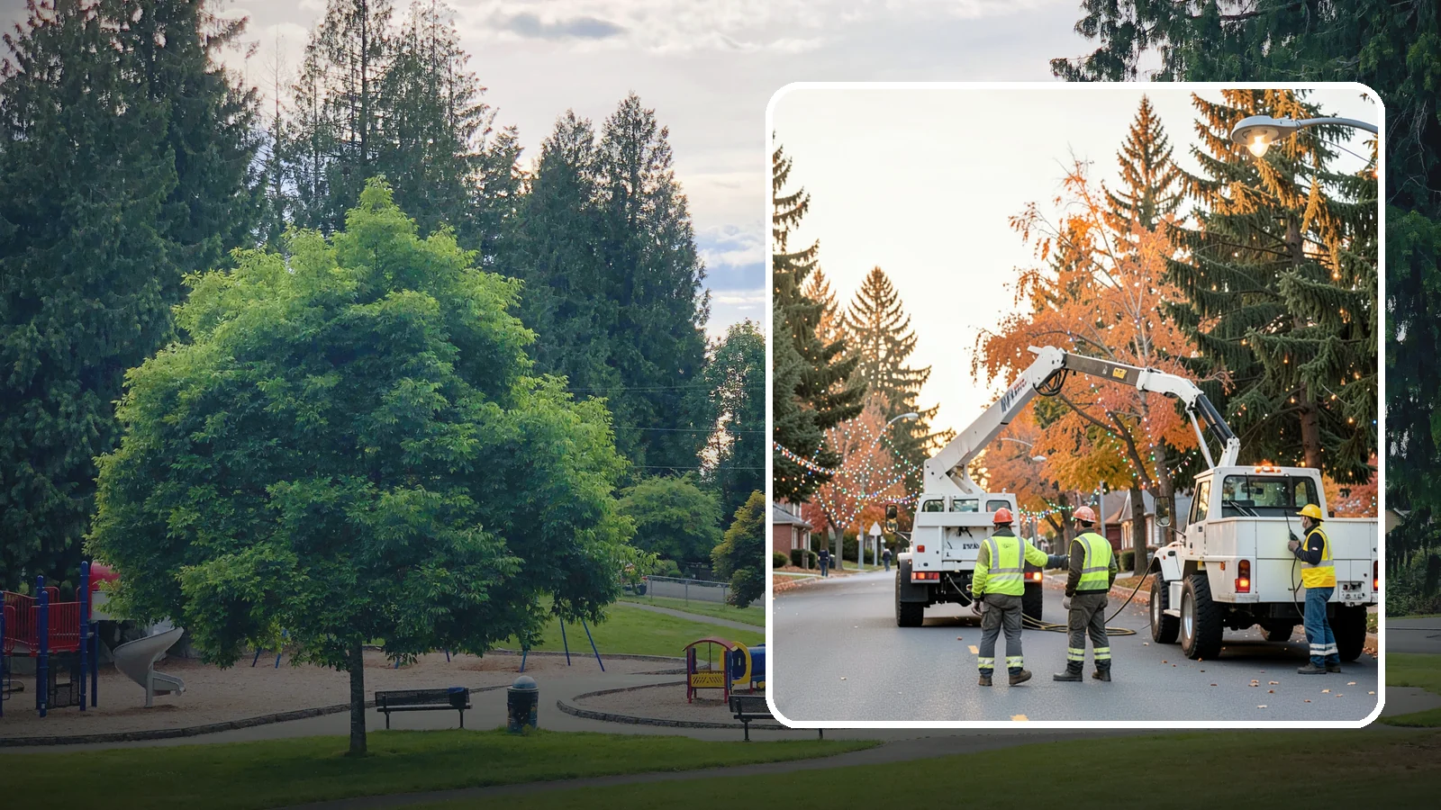 Holiday Lighting Installation in Bonney Lake, Pierce County, WA - Installation of civic holiday lighting displays for Western Washington downtowns, parks, and public buildings.