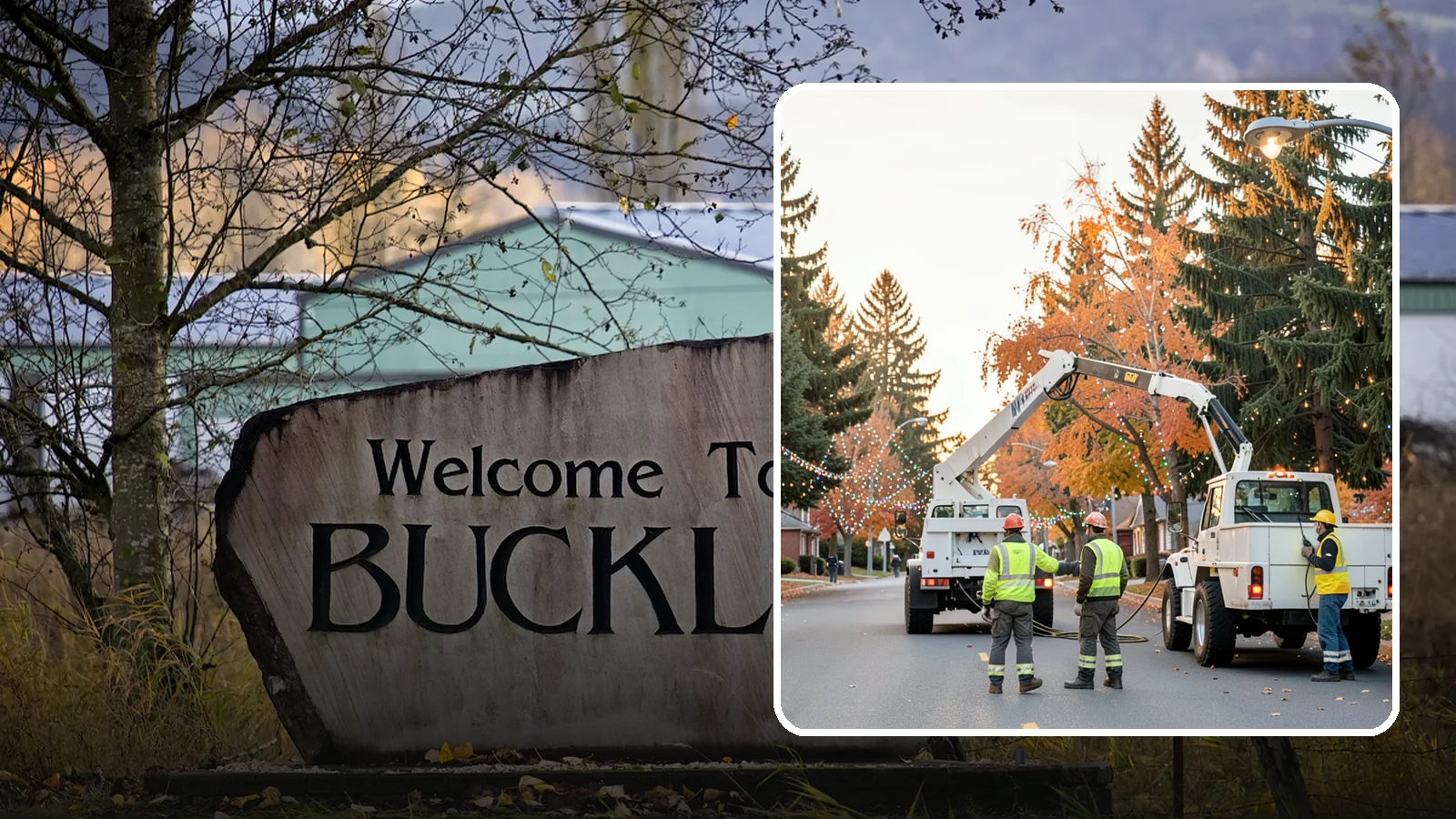 Holiday Lighting Installation in Buckley, Pierce County, WA - Installation of civic holiday lighting displays for Western Washington downtowns, parks, and public buildings.