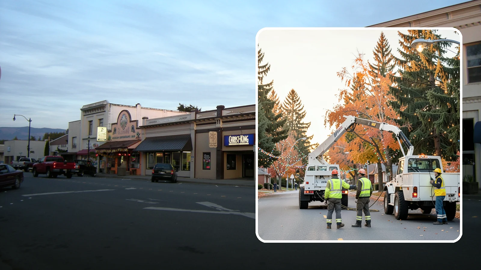 Holiday Lighting Installation in Burlington, Skagit County, WA - Installation of civic holiday lighting displays for Western Washington downtowns, parks, and public buildings.