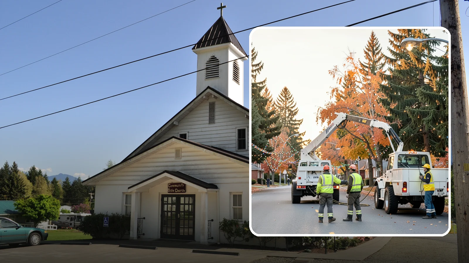 Holiday Lighting Installation in Concrete, Skagit County, WA - Installation of civic holiday lighting displays for Western Washington downtowns, parks, and public buildings.