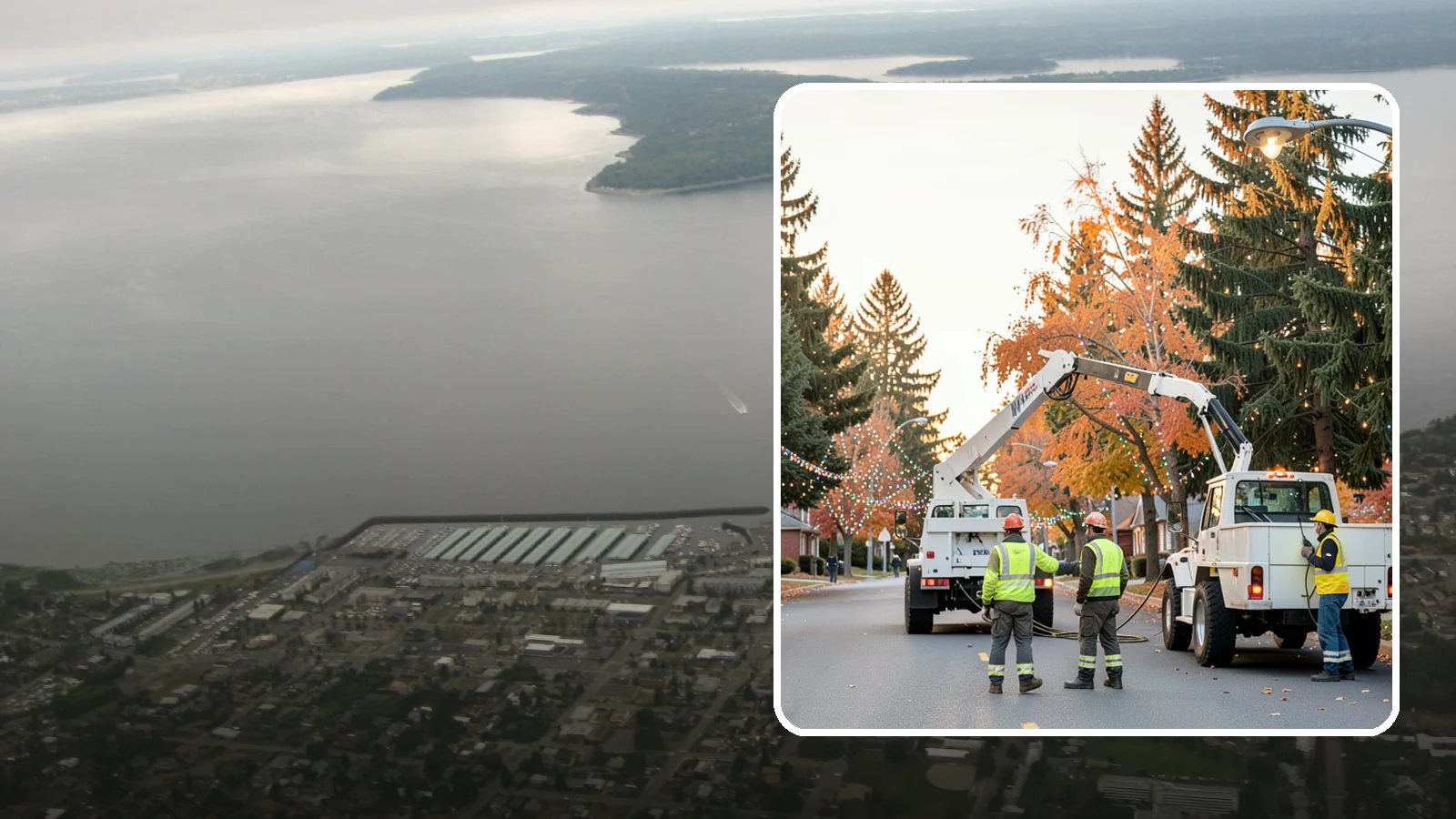 Holiday Lighting Installation in Des Moines, King County, WA - Installation of civic holiday lighting displays for Western Washington downtowns, parks, and public buildings.