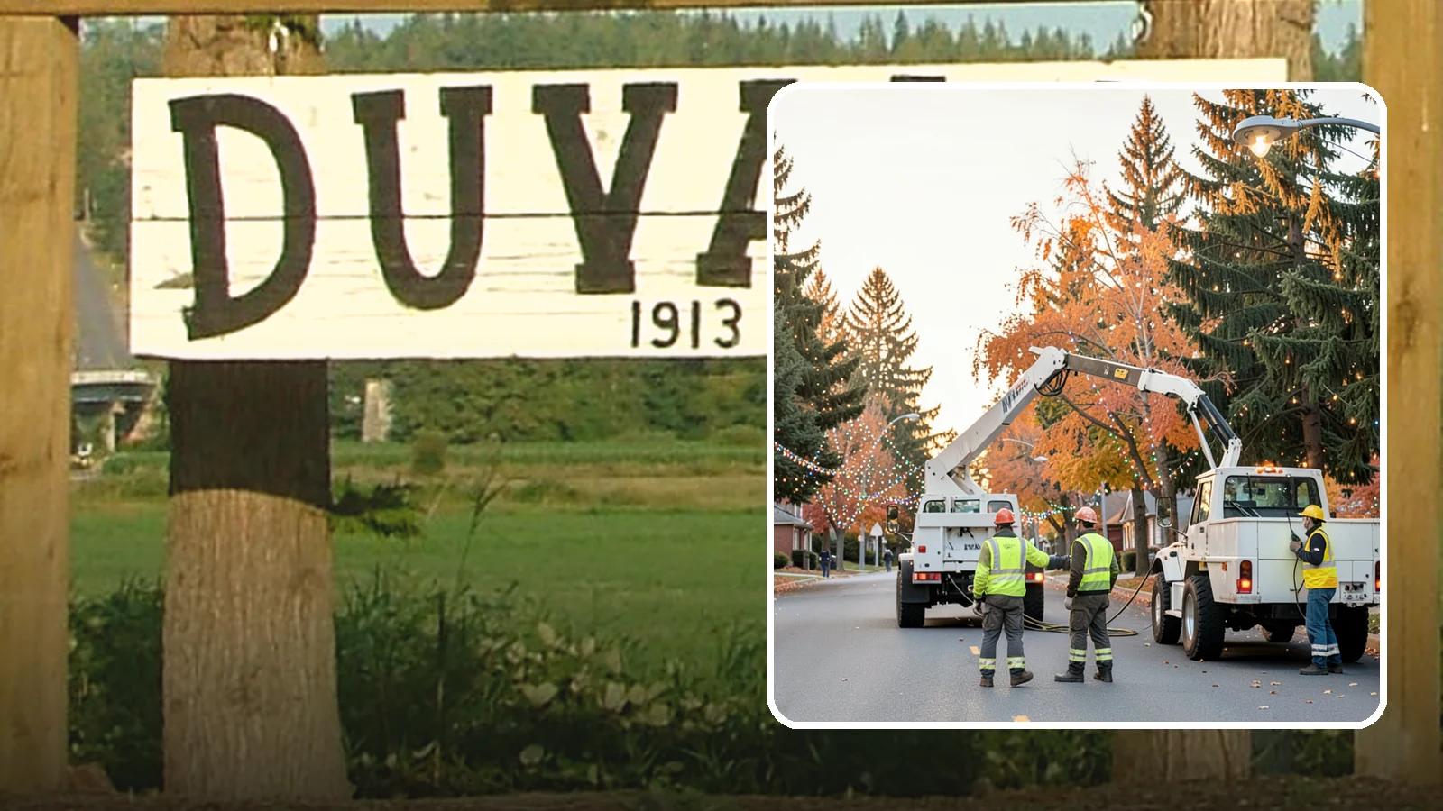 Holiday Lighting Installation in Duvall, King County, WA - Installation of civic holiday lighting displays for Western Washington downtowns, parks, and public buildings.