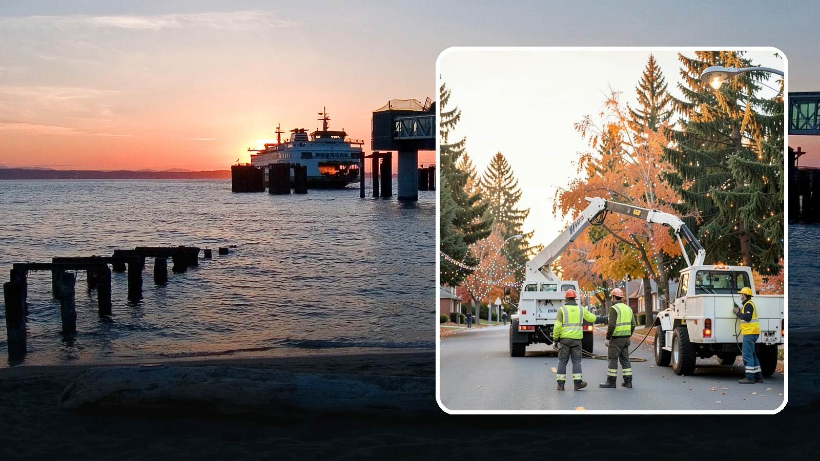 Holiday Lighting Installation in Edmonds, Snohomish County, WA - Installation of civic holiday lighting displays for Western Washington downtowns, parks, and public buildings.