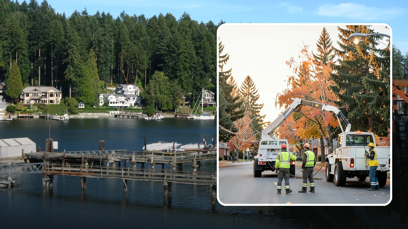 Holiday Lighting Installation in Gig Harbor, Pierce County, WA - Installation of civic holiday lighting displays for Western Washington downtowns, parks, and public buildings.