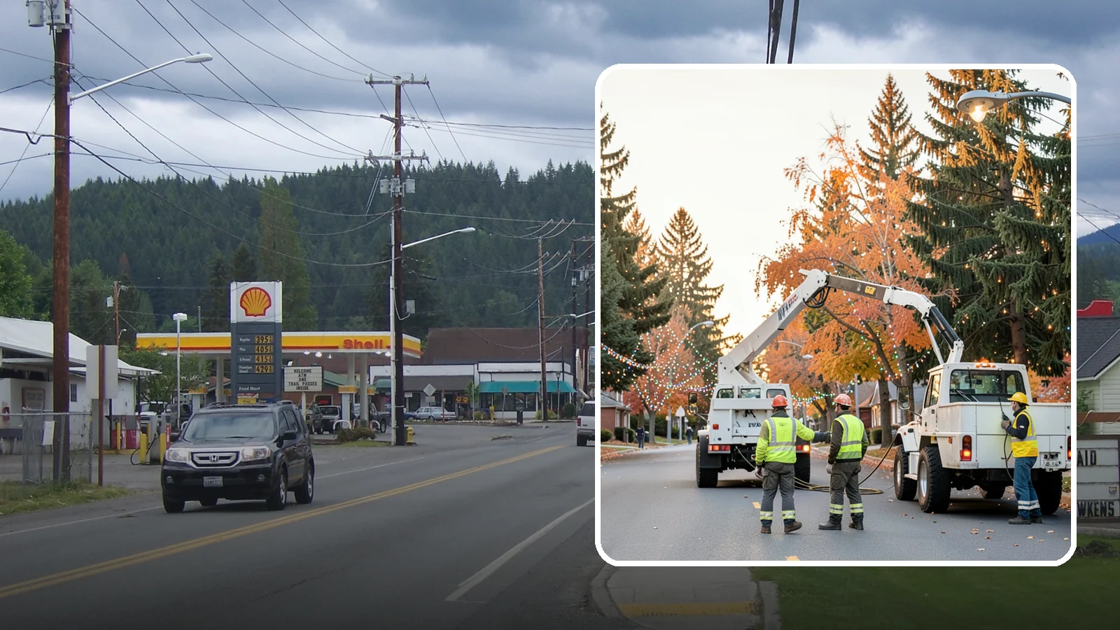 Holiday Lighting Installation in Granite Falls, Snohomish County, WA - Installation of civic holiday lighting displays for Western Washington downtowns, parks, and public buildings.