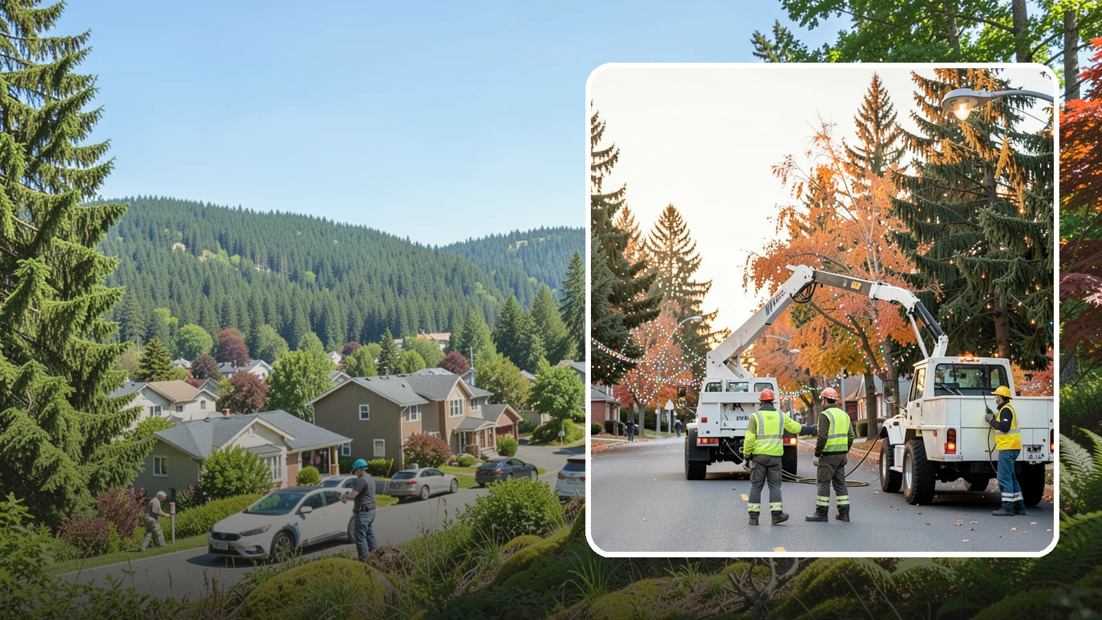 Holiday Lighting Installation in Index, Snohomish County, WA - Installation of civic holiday lighting displays for Western Washington downtowns, parks, and public buildings.