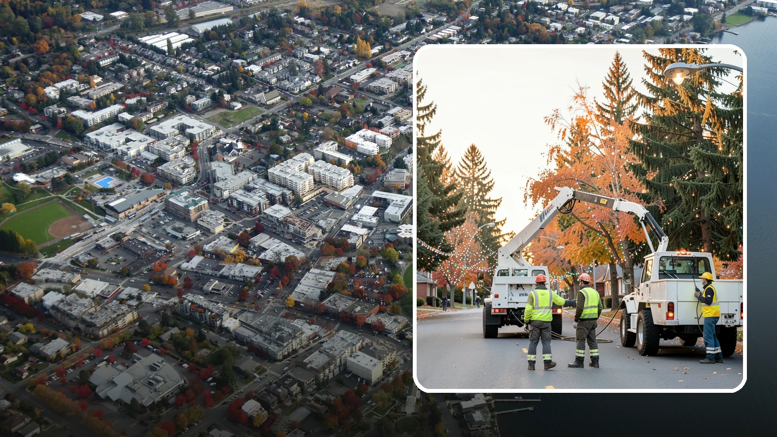 Holiday Lighting Installation in Kirkland, King County, WA - Installation of civic holiday lighting displays for Western Washington downtowns, parks, and public buildings.