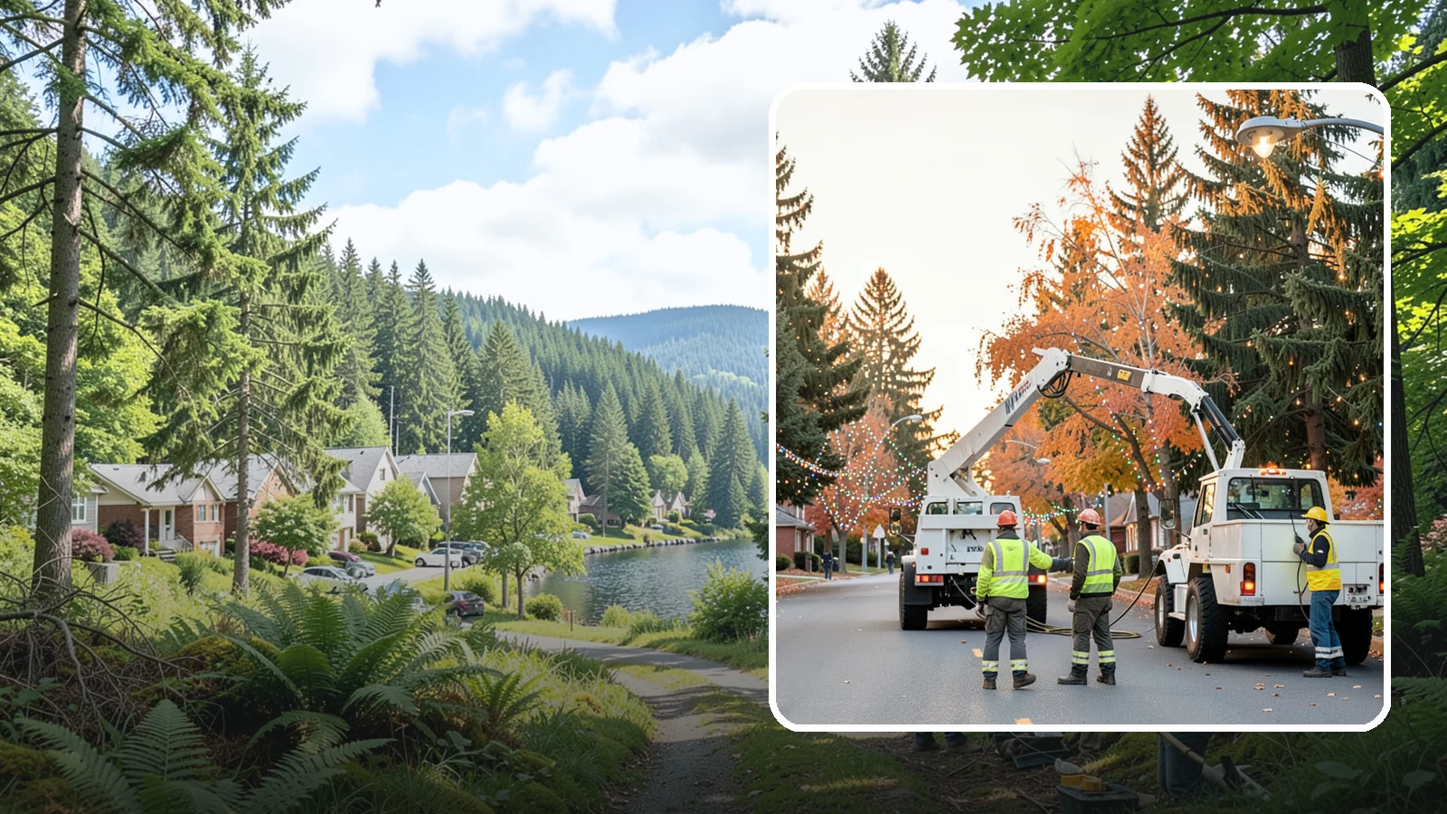 Holiday Lighting Installation in Lake Forest Park, King County, WA - Installation of civic holiday lighting displays for Western Washington downtowns, parks, and public buildings.