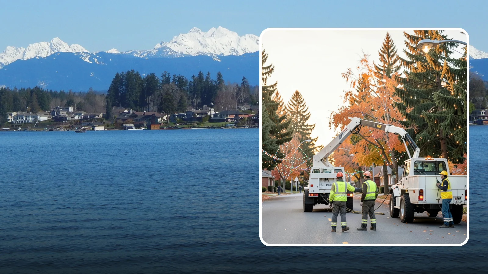 Holiday Lighting Installation in Lake Stevens, Snohomish County, WA - Installation of civic holiday lighting displays for Western Washington downtowns, parks, and public buildings.